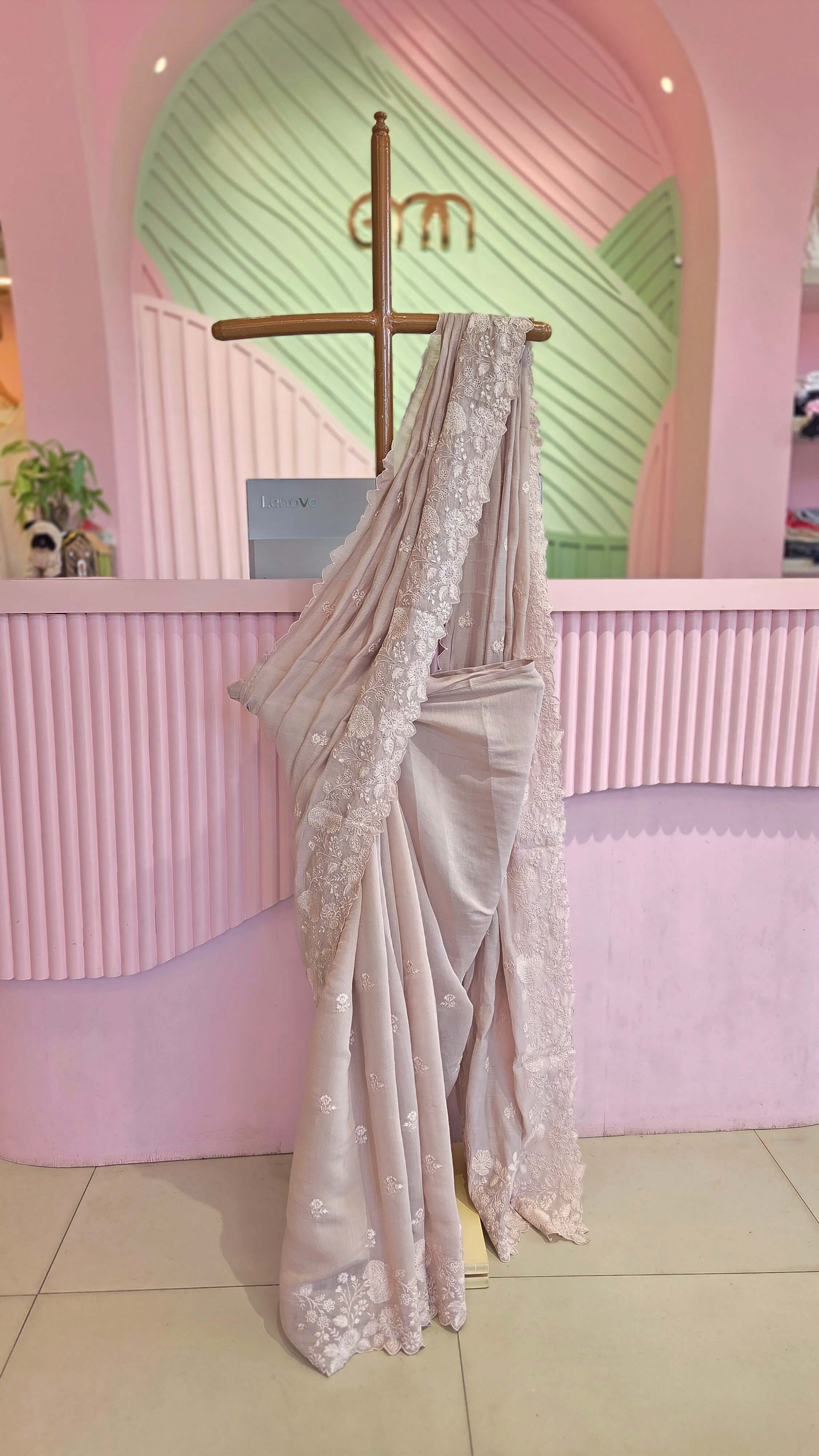 Taupe Gray Chanderi Embroidered Saree