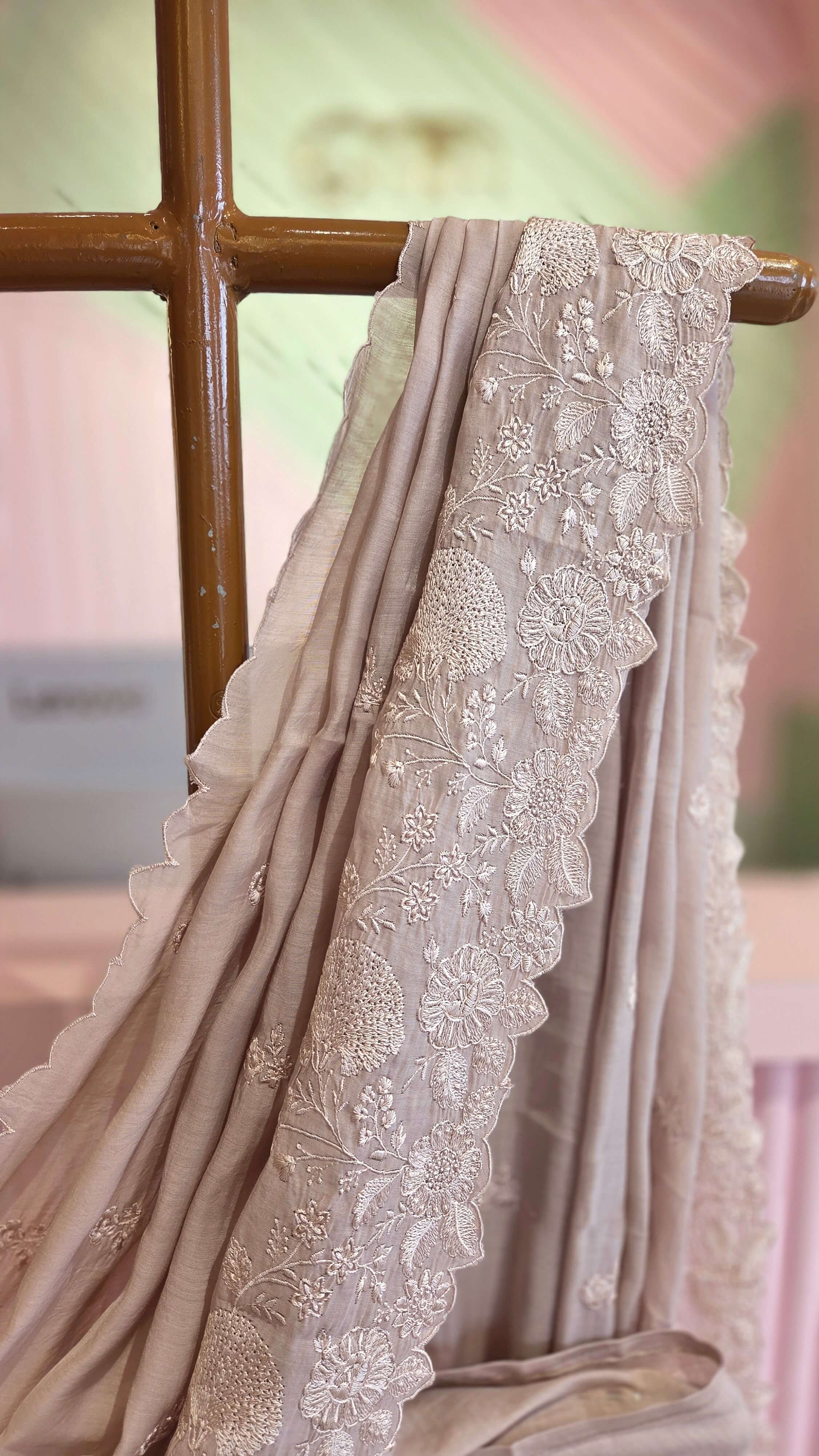 Taupe Gray Chanderi Embroidered Saree