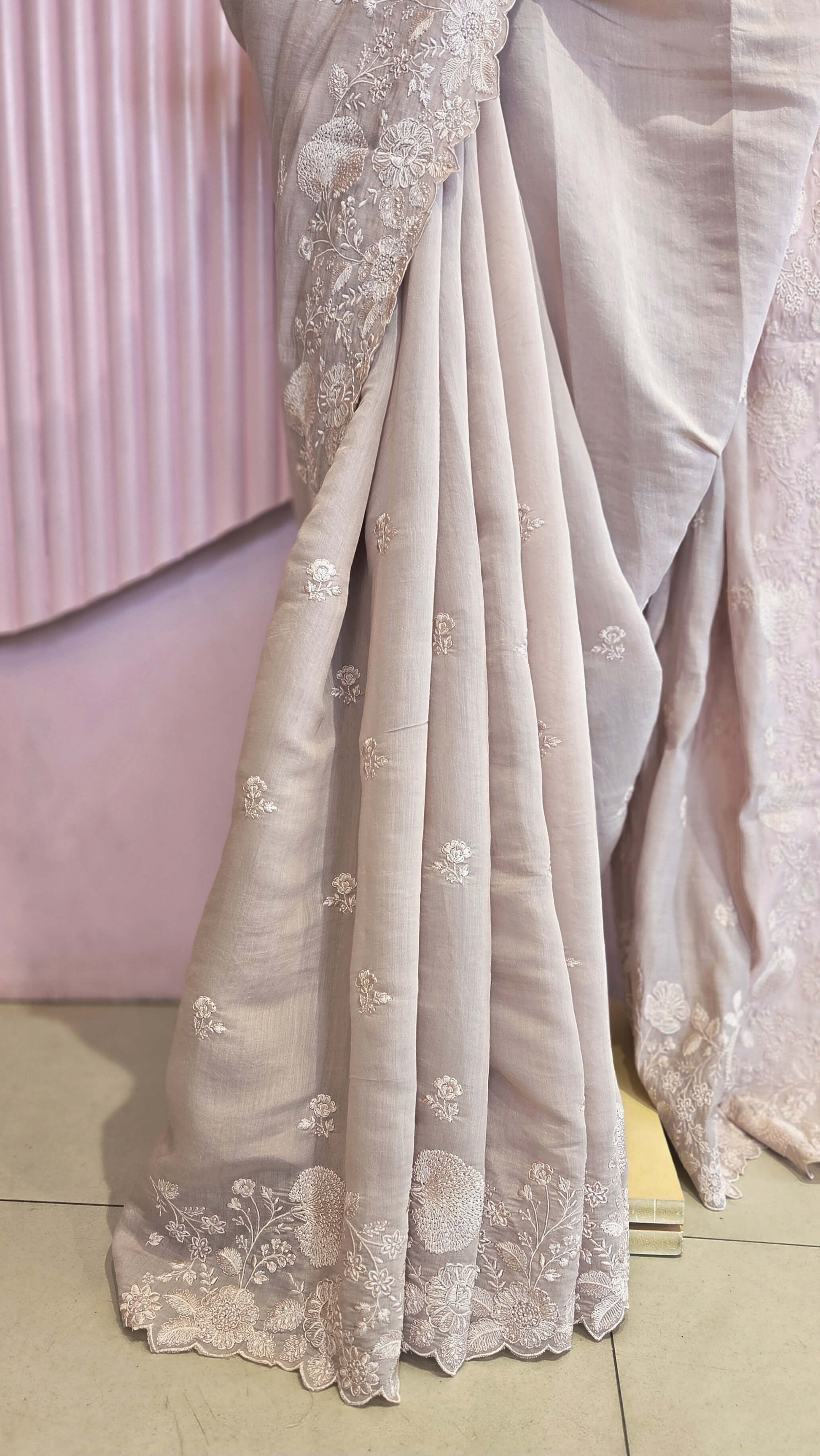 Taupe Gray Chanderi Embroidered Saree