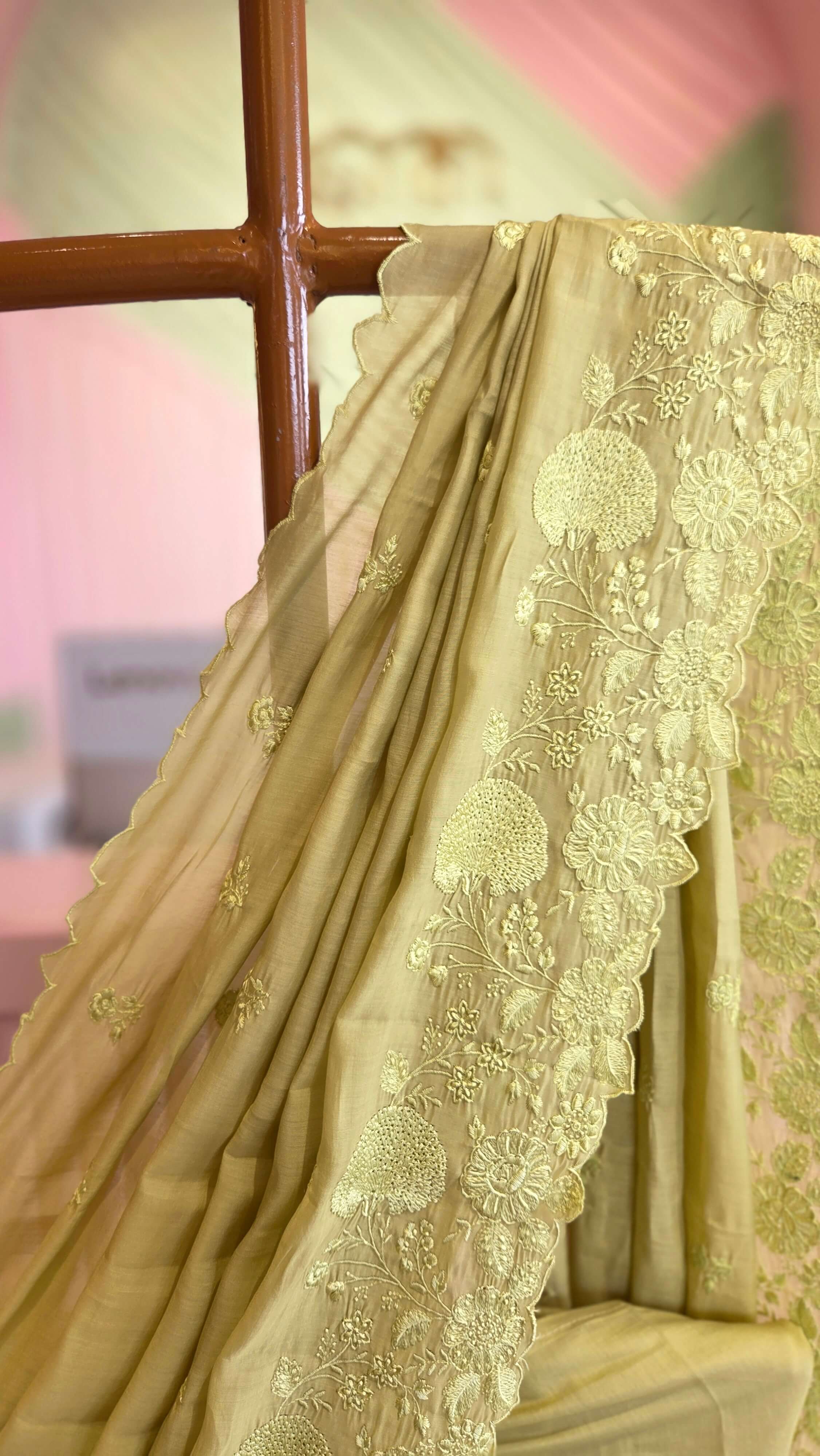 Soft Olive Green Mul Chanderi Embroidered Saree