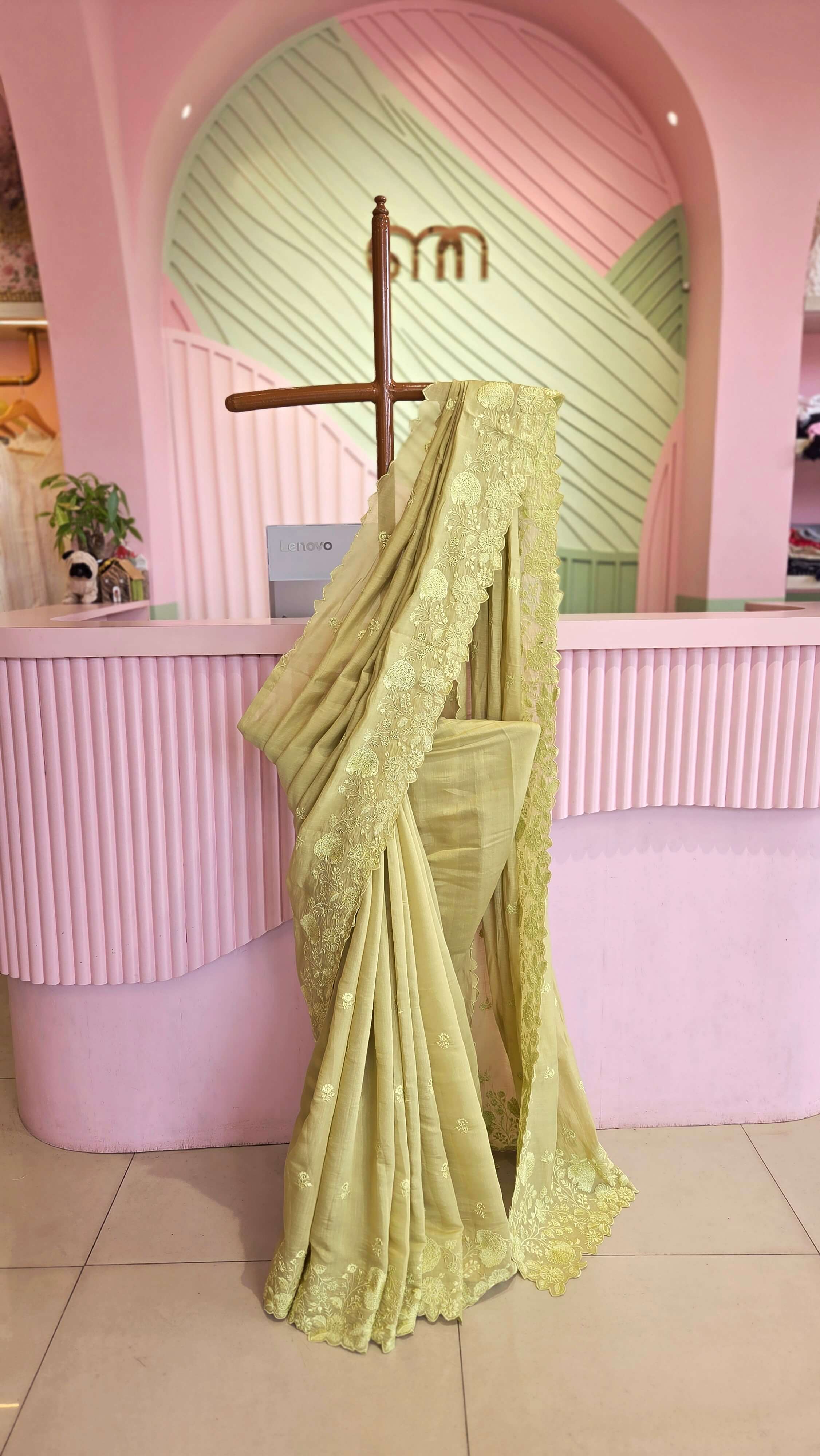 Soft Olive Green Mul Chanderi Embroidered Saree