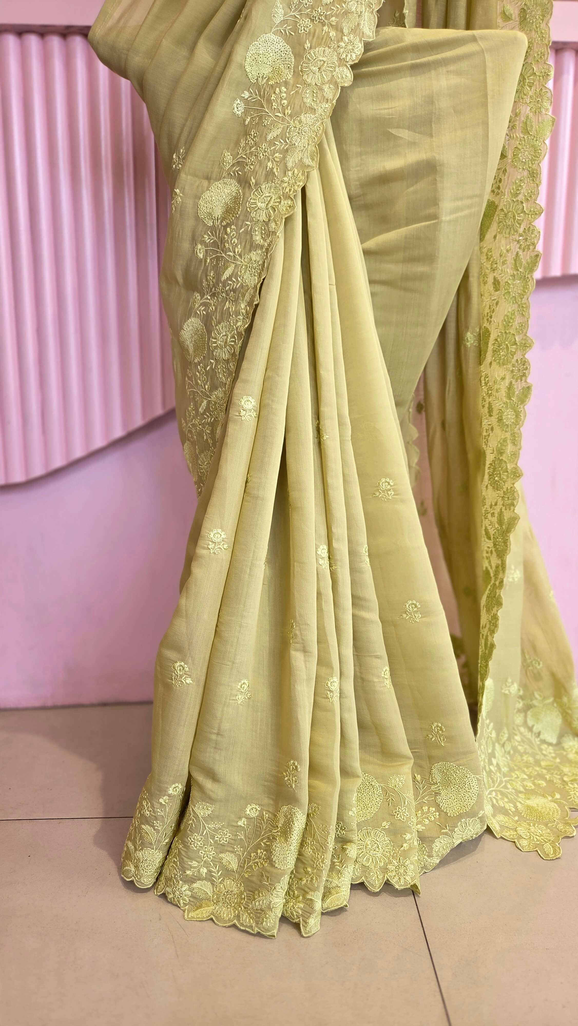 Soft Olive Green Mul Chanderi Embroidered Saree