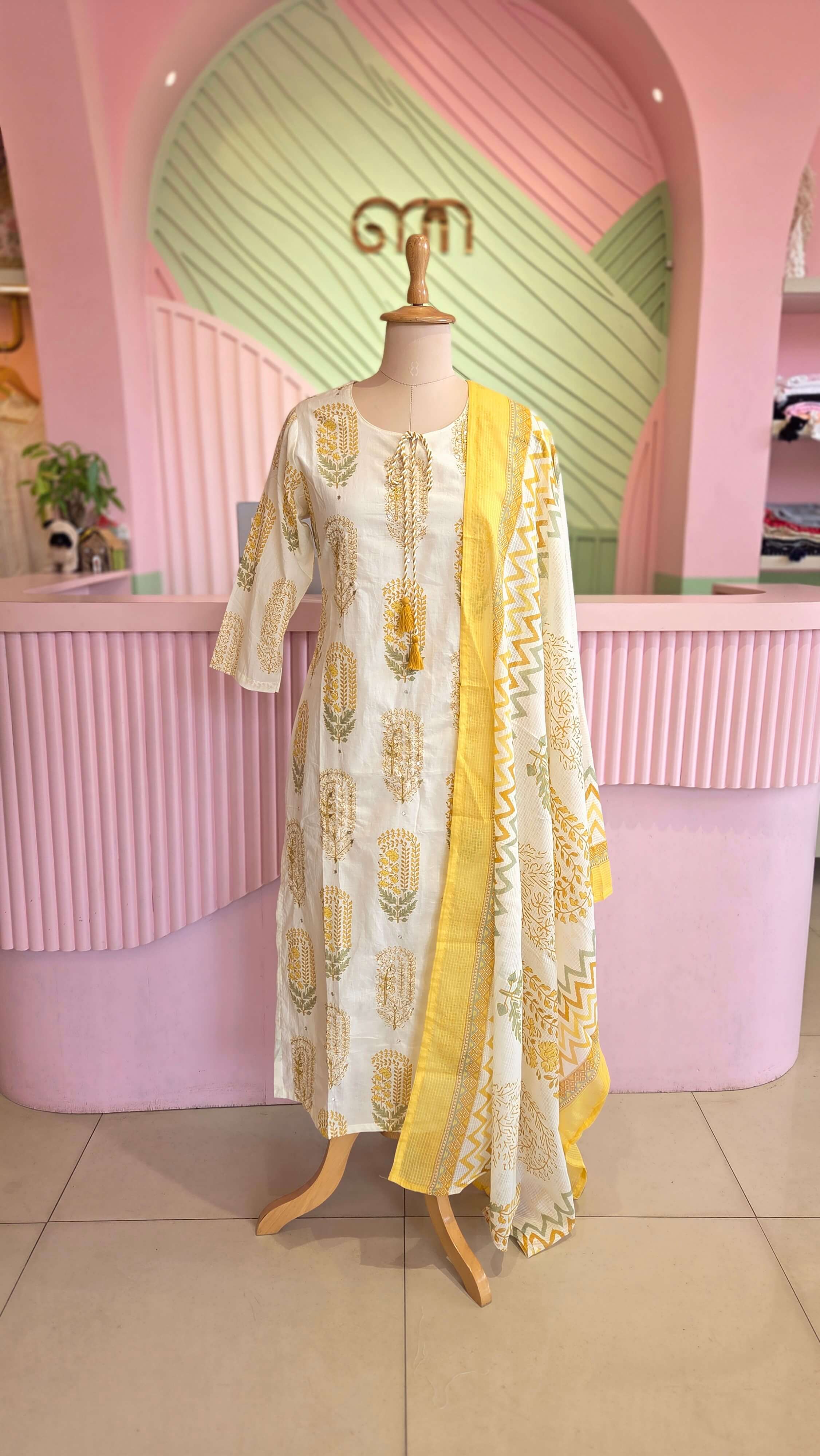 Yellow -Off white Cotton Salwar Set
