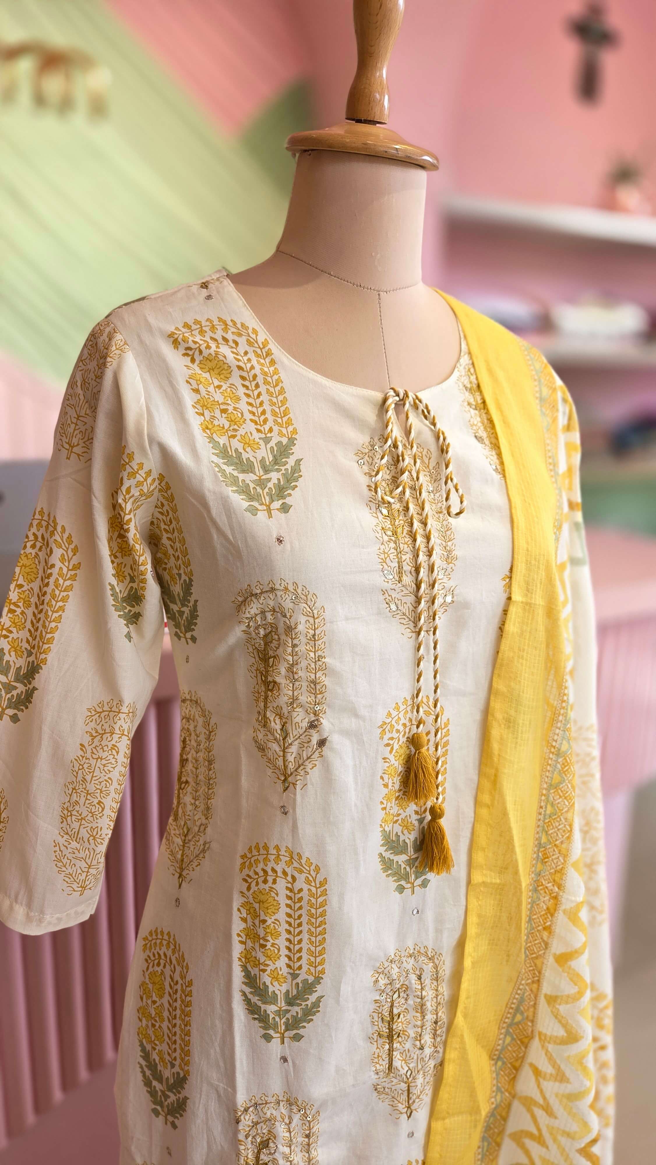 Yellow -Off white Cotton Salwar Set