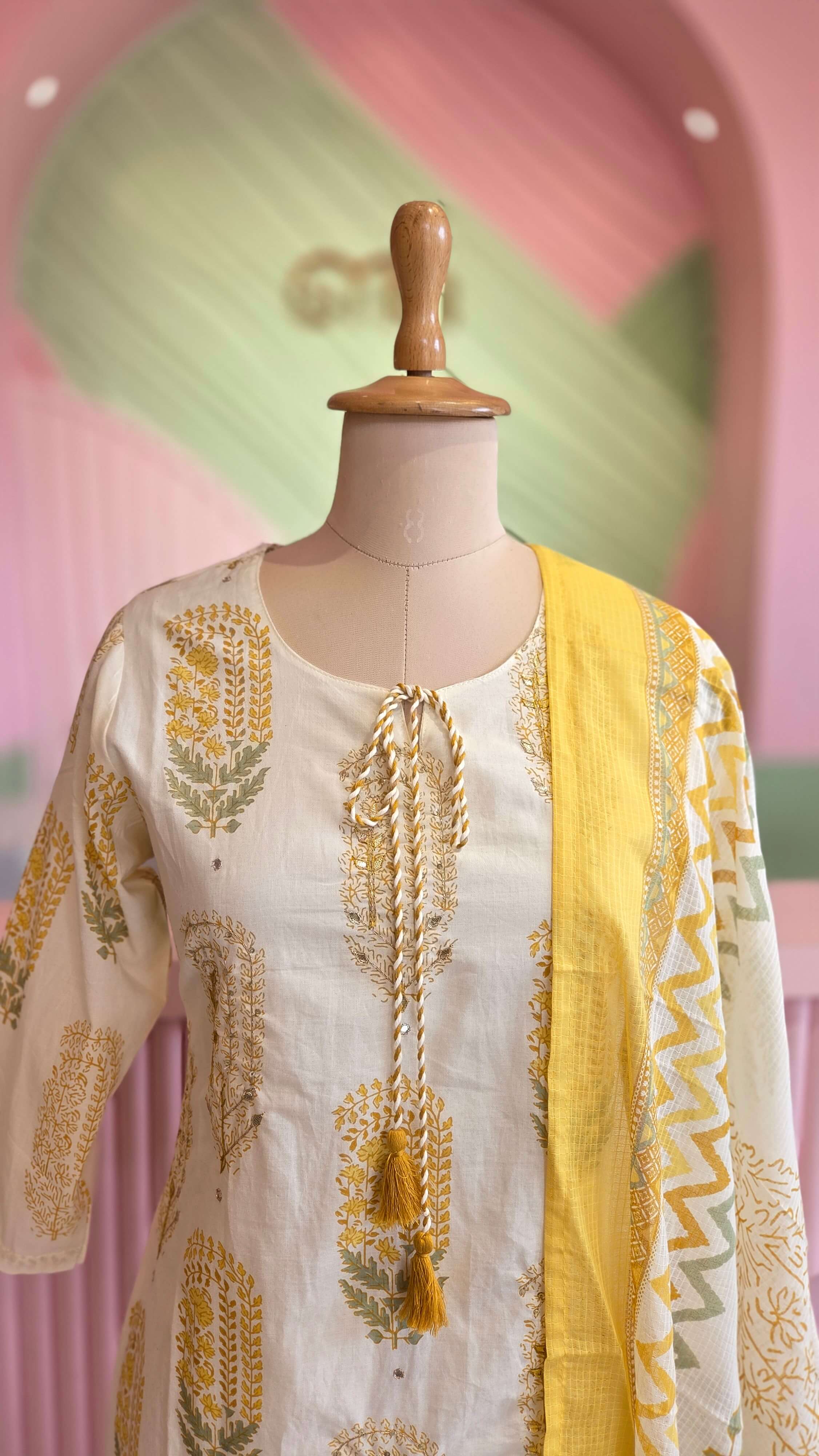 Yellow -Off white Cotton Salwar Set