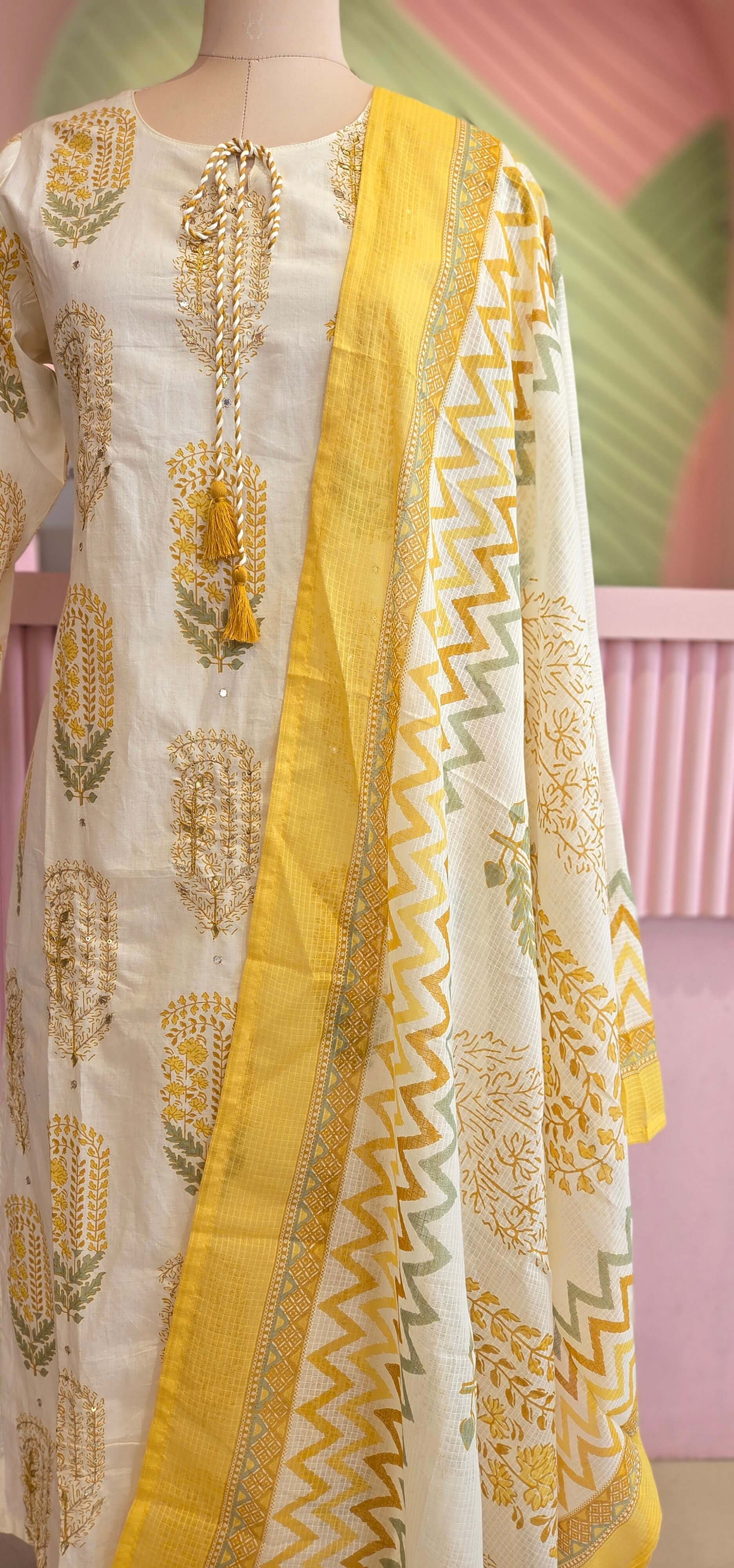 Yellow -Off white Cotton Salwar Set