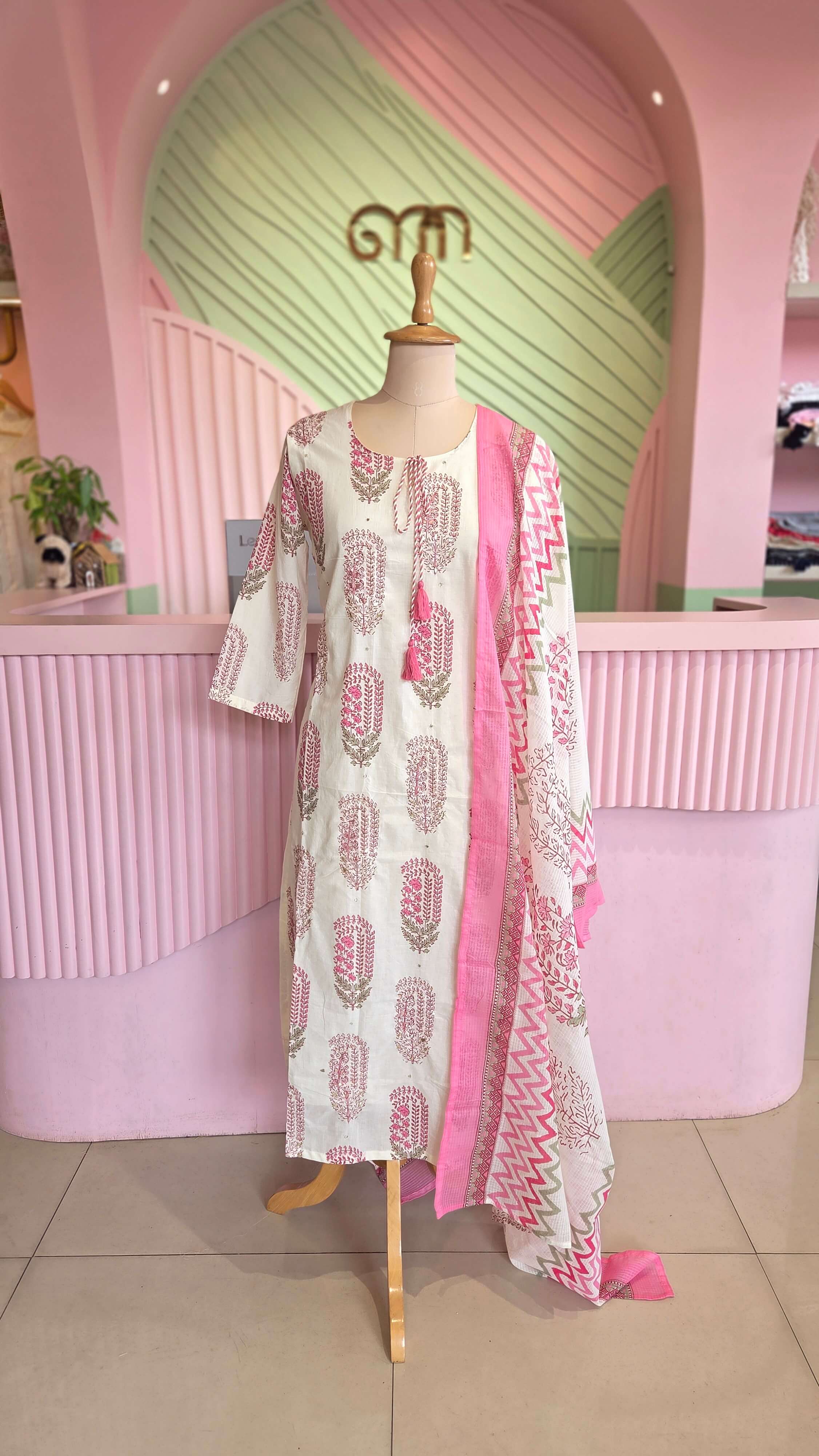 Pink -Off White Cotton Salwar Set