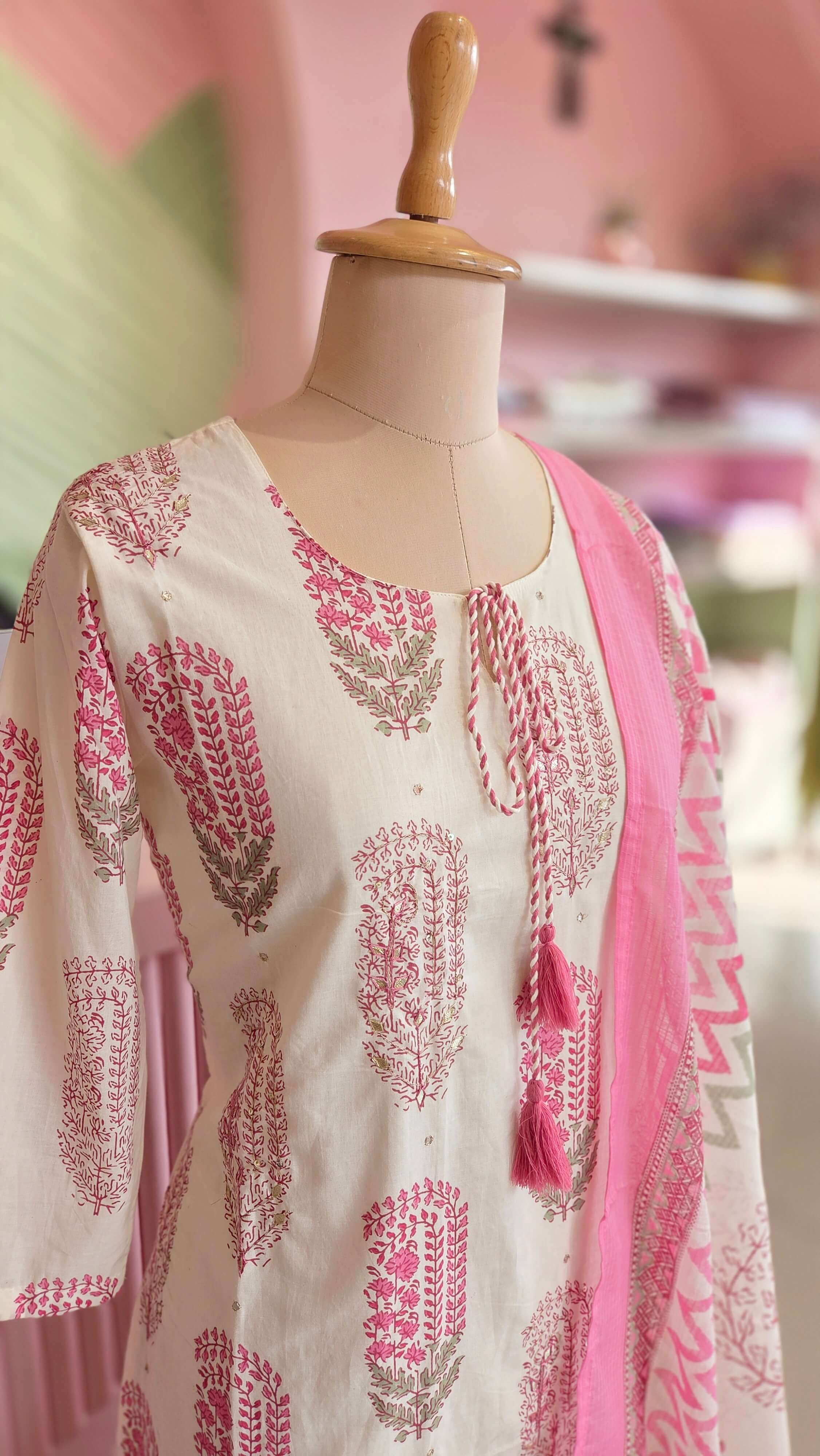 Pink -Off White Cotton Salwar Set