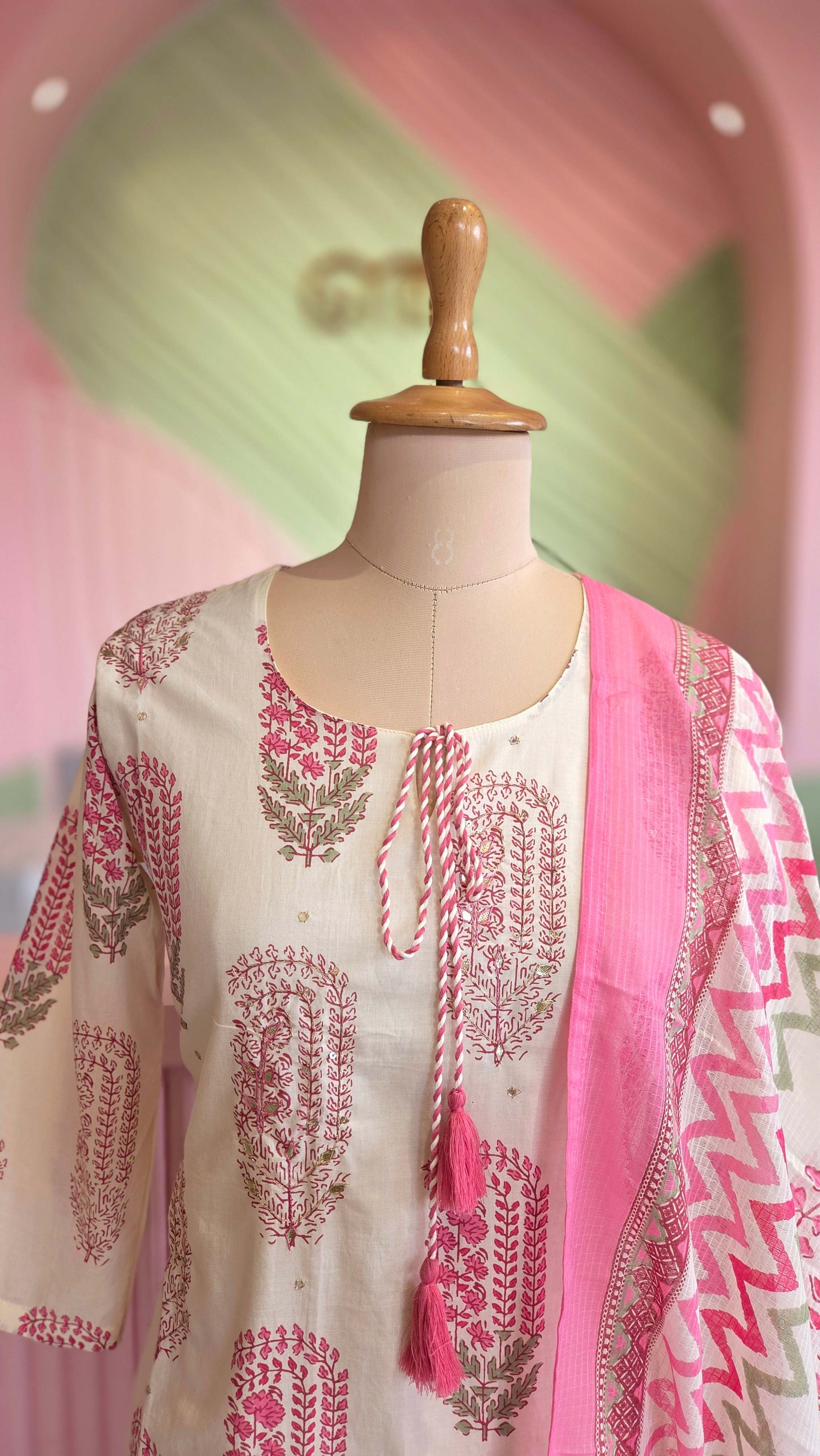 Pink -Off White Cotton Salwar Set