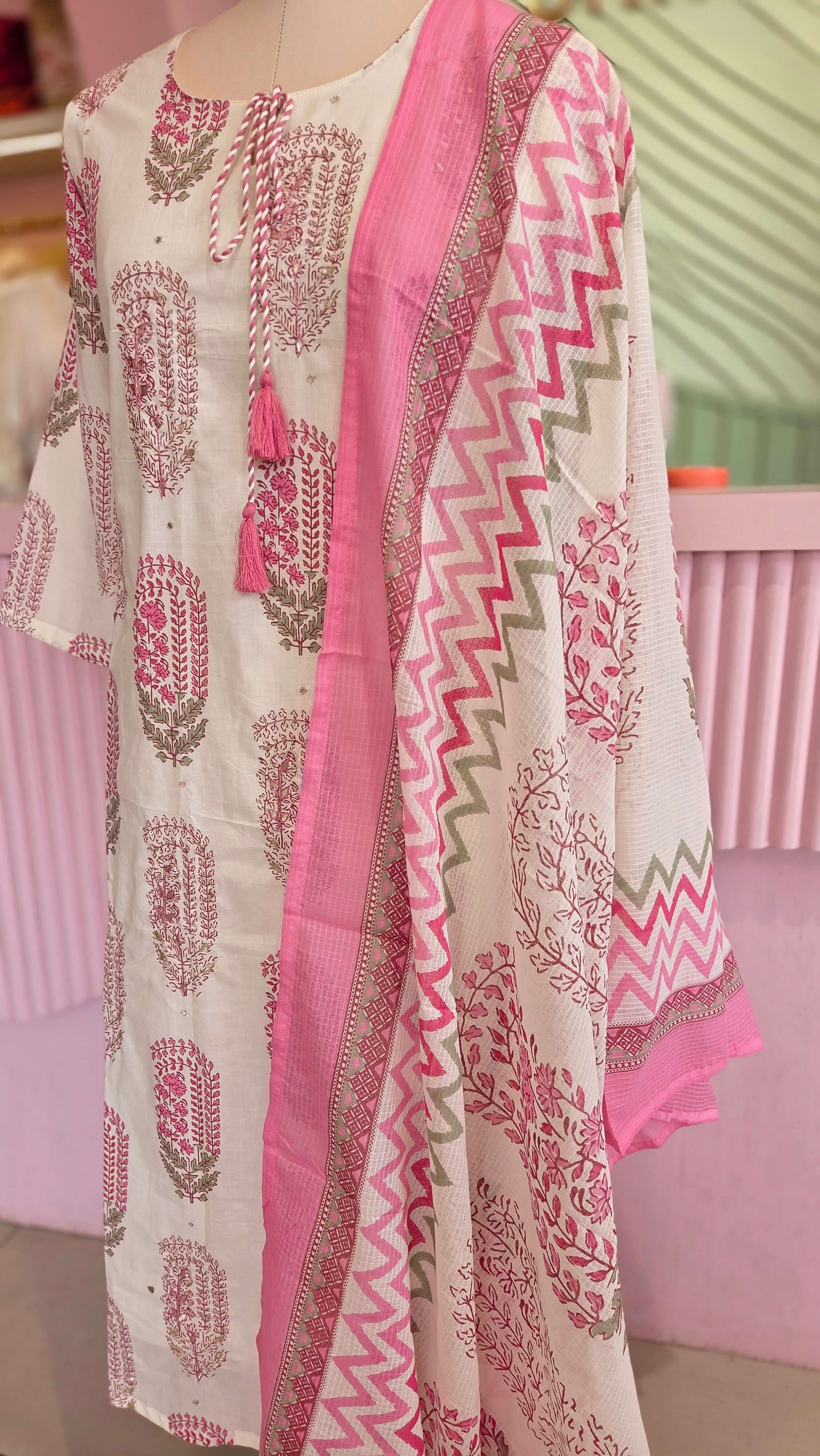 Pink -Off White Cotton Salwar Set