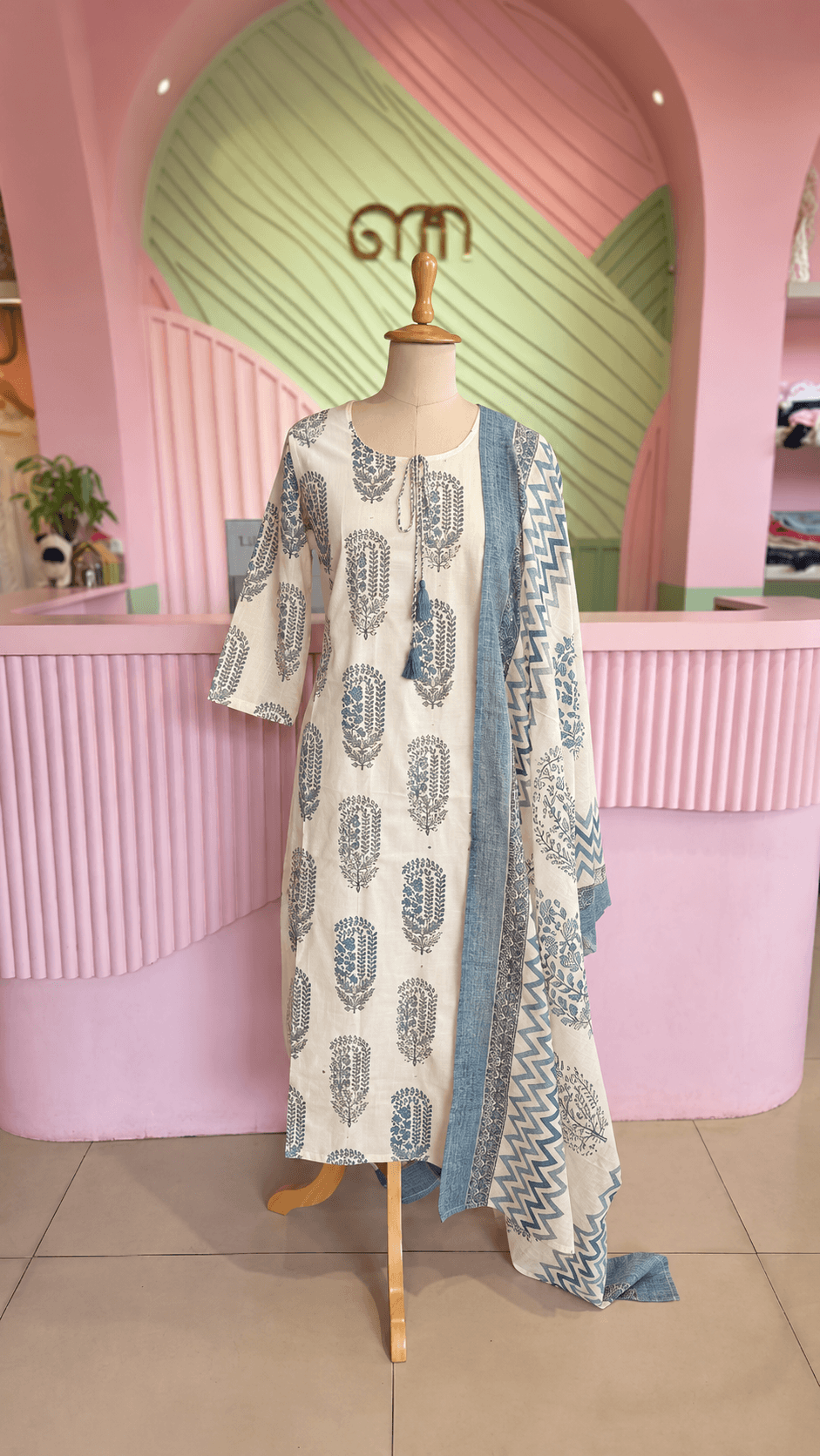 Blue-Off White Cotton Salwar Set