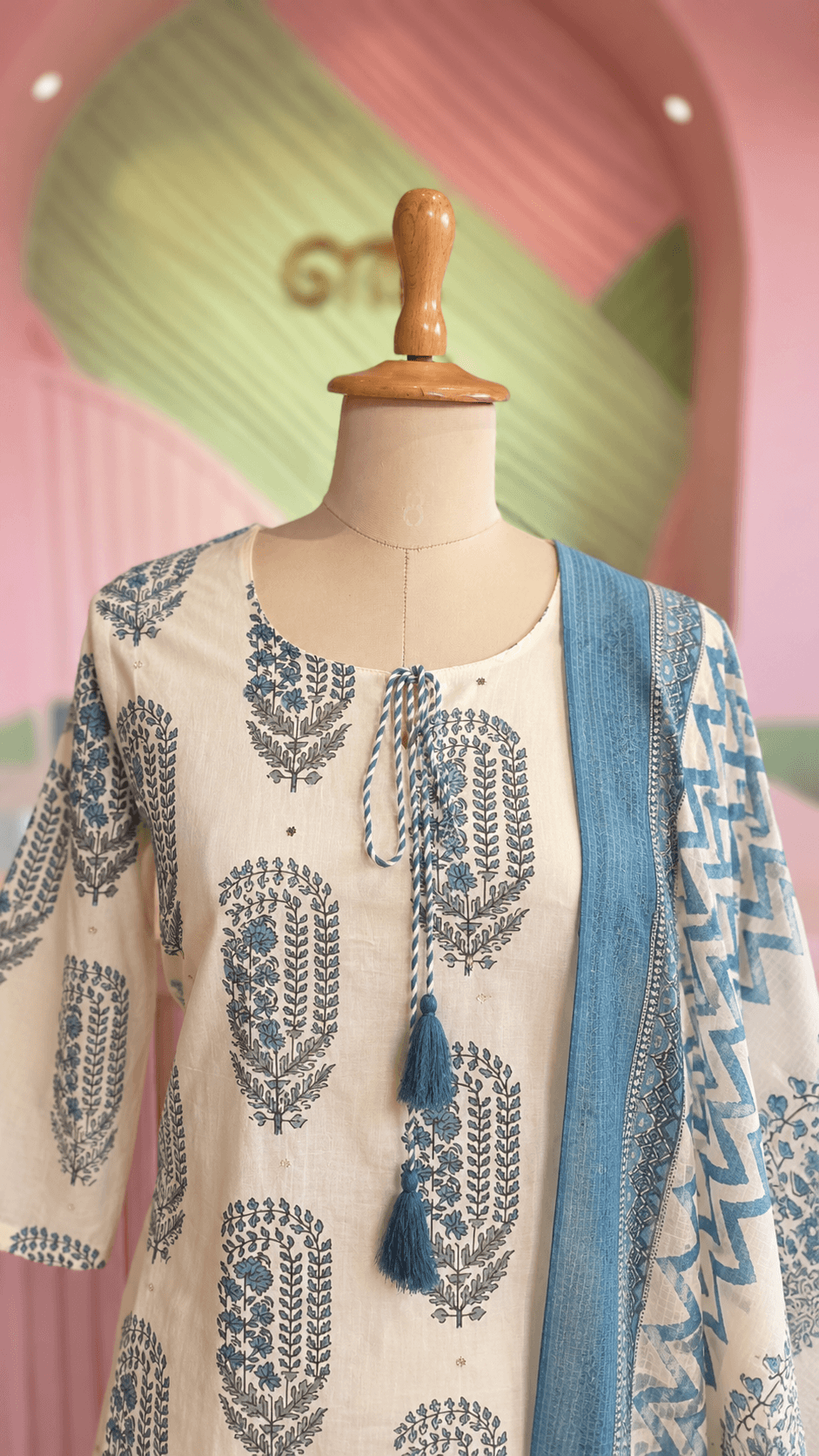 Blue-Off White Cotton Salwar Set