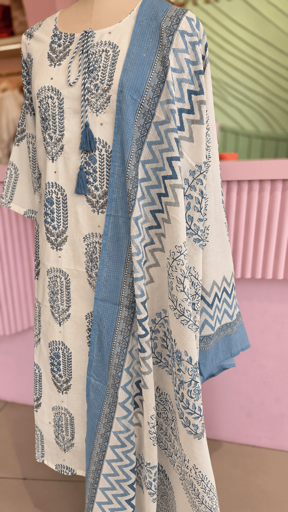 Blue-Off White Cotton Salwar Set