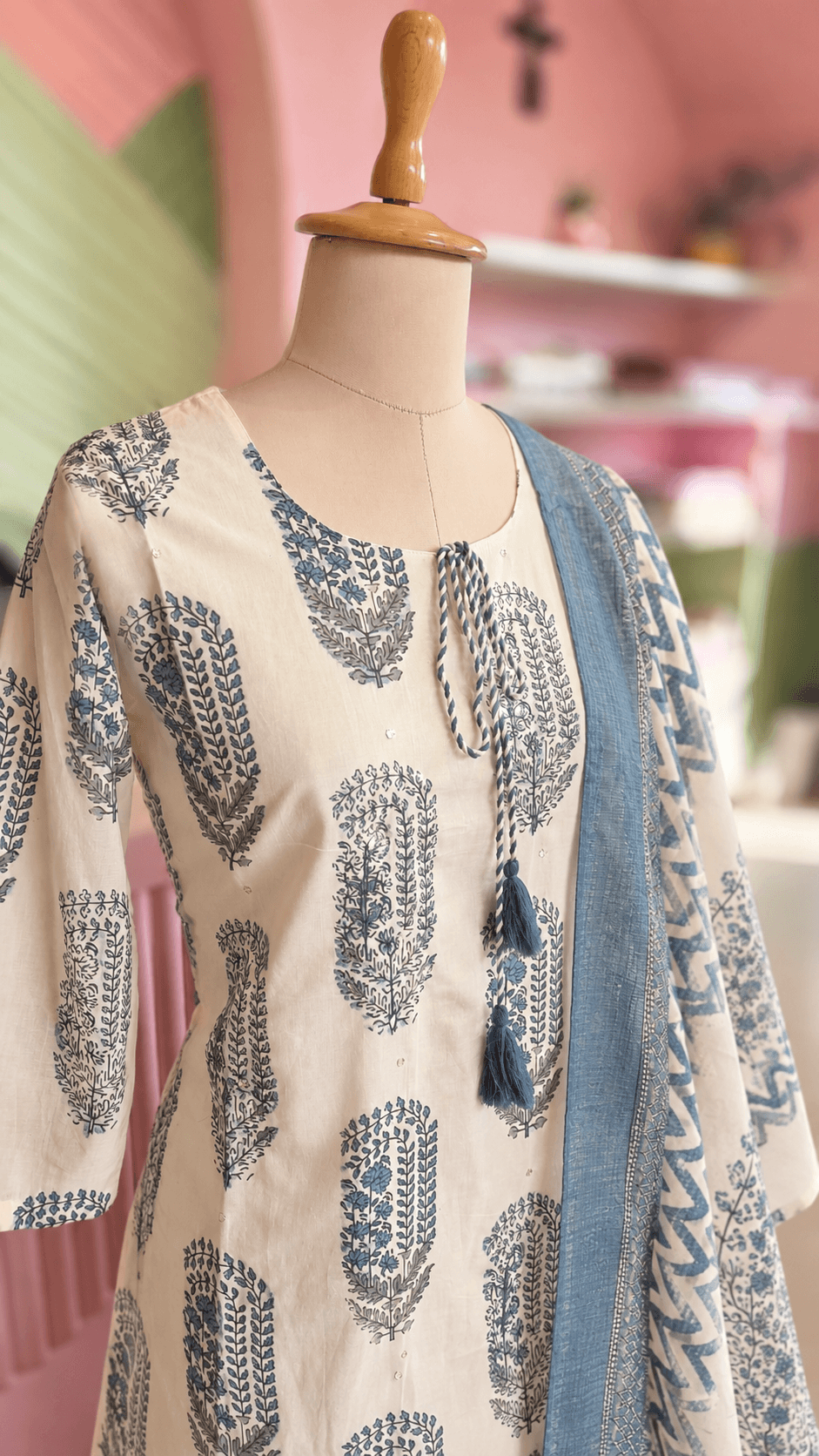 Blue-Off White Cotton Salwar Set